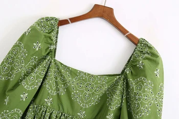 2020 Ženy Lete Sexy Duté Výšivky Mini Šaty Vintage Zelená Lístkového Rukáv Pevné A-Line Elegantné Party Šaty Dámske Vestidos