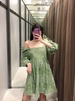 2020 Ženy Lete Sexy Duté Výšivky Mini Šaty Vintage Zelená Lístkového Rukáv Pevné A-Line Elegantné Party Šaty Dámske Vestidos