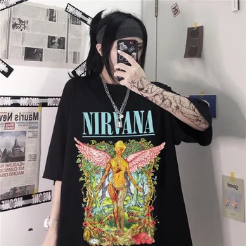 2020 ženy oblečenie letné gotický Print T shirt Nirvana grafické tees femme bavlna list Priedušná Harajuku Tee Nadrozmerná topy