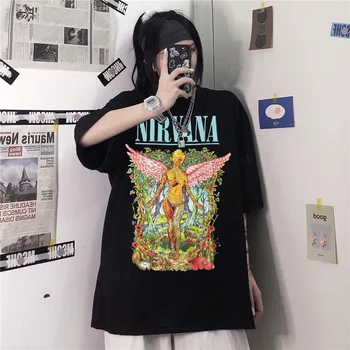 2020 ženy oblečenie letné gotický Print T shirt Nirvana grafické tees femme bavlna list Priedušná Harajuku Tee Nadrozmerná topy