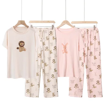 2020 Ženy Pijamas Nastaviť Jar Leto Jeseň Čisté Bavlnené Pyžamá Ženy-Krátke rukávy Nohavice okolo Krku Cartoon Domáce Oblečenie