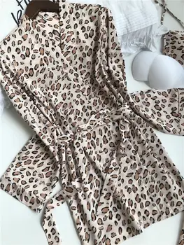 2020 Ženy Satin Sleepwear 3 Kusy Pyžamá Sexy Leopard Tlač Pyžamo Spánku Salónik Pijama Hodváb Noc Domáce Oblečenie Pajama Oblek
