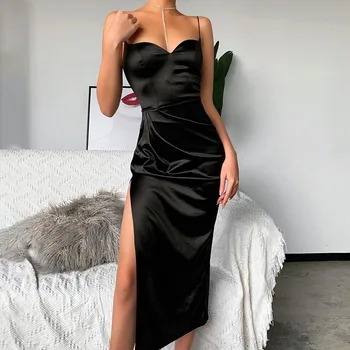 2020 Ženy Sexy Šaty Bez Rukávov Šatka Farbou Skladaný Nízke Hrudníka Split Dlhé Strany, Nočný Klub, Bar Formálne Šaty