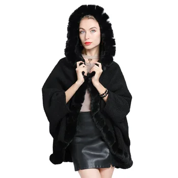 2020 Ženy Tmavo Sivá Veľké Kyvadlo Všívaných Kožušiny Streetcoat Plášť Zimný Faux Fox Kožušiny Cardigan Cape Granulované Velvet Pončo S Klobúk