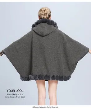 2020 Ženy Tmavo Sivá Veľké Kyvadlo Všívaných Kožušiny Streetcoat Plášť Zimný Faux Fox Kožušiny Cardigan Cape Granulované Velvet Pončo S Klobúk