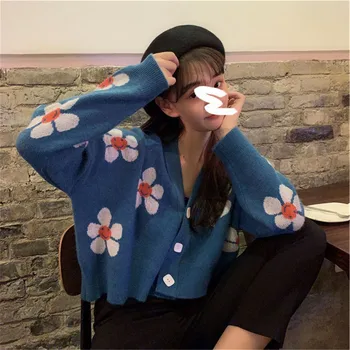 2020 Ženy Voľné Knitwear Dospelých Kvetinový Vzor, Dlhý Rukáv V krku Tlačidlo Nadol Cardigan Nosenie vo Voľnom čase Nové Jeseň Zima