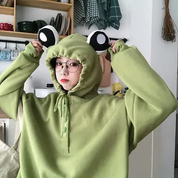 2020 Žien New Frog Hoodies Celkom Anime Žaba Nadrozmerné Mikina Plus Veľkosť Zelená mikina s Kapucňou Kawaii Zimné Oblečenie Žien