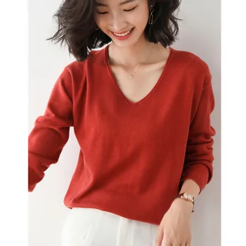 2020 žien nové farbou tvaru dlhé rukávy pletené top voľné klesnutie T-shirt