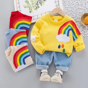 2020New Jar Jeseň Baby Girl Sady Deti Chlapcov Bavlnené tričko, Nohavice 2 ks Dojčenské Oblečenie Rainbow Batoľa Bežné Tracksuits0-4Y