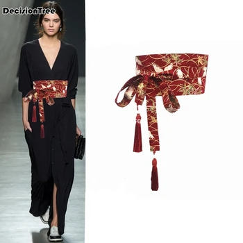 2021 japonský široký korzet cummerbunds kimono pás ženy vintage kvetinový vytlačené yukata krídla kravatu saténový opasok
