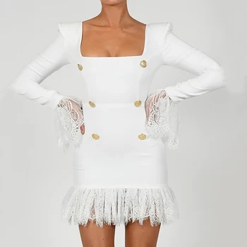 2021 Jar Nové Biele Elegantné Obväz Šaty, Sexy Námestie Krk Dlhý Rukáv Čipky Bodycon Ženy Klub, Večierok Mini Šaty