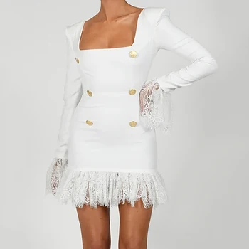 2021 Jar Nové Biele Elegantné Obväz Šaty, Sexy Námestie Krk Dlhý Rukáv Čipky Bodycon Ženy Klub, Večierok Mini Šaty