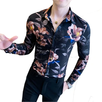 2021 Jar Nové Tričko Mužov Dlhý Rukáv Fashion Streetwear Mens Kvetované Košele Slim Fit Retro Tlačiť Bežné Blúzka Homme 3XL-M Čierna