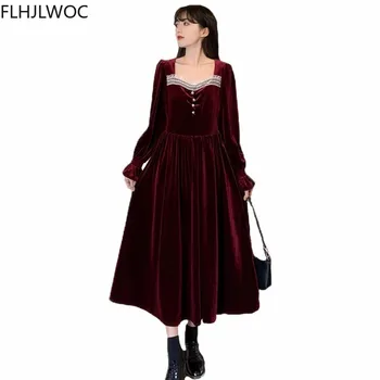 2021 Jar Zimné Základné Fenimine Vestidos Ženy Francúzsky Štýl Módy Červené Víno Dlho Maxi Plus Veľkosť Retro Vintage Šaty