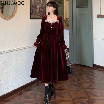 2021 Jar Zimné Základné Fenimine Vestidos Ženy Francúzsky Štýl Módy Červené Víno Dlho Maxi Plus Veľkosť Retro Vintage Šaty