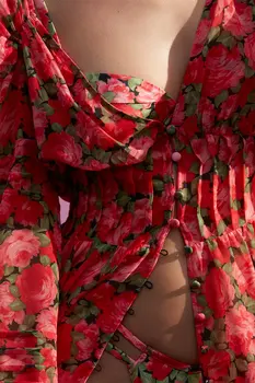 2021 Jar Ženy BOHO Červený Kvet Tlač Tričko Šaty, Sexy Dámy Hlboko V krku Svietidla Rukáv Centrum tlačidla Mini Krátke Šaty