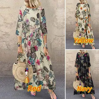 2021 Jeseň Dlhý Rukáv Sundress ZANZEA Ženy Kvetinový Tlačené Šaty Vintage Bavlnená posteľná Bielizeň Kaftan Vestidos Žena Plus Veľkosť Oblečenie