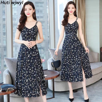 2021 Kórejský Vintage Plus Veľkosť Boho Midi Šaty Letné Čierne Kvetované Šifón Sundress Elegantné Ženy Mimo Ramenný Strany Vestidos