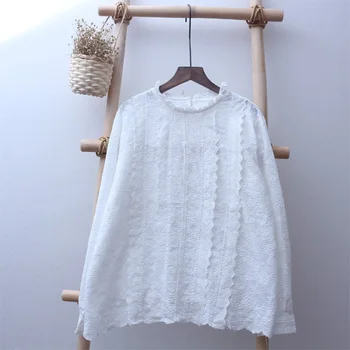 2021 letné skladom tričko Lolita Víla kvetov povrchu výšivky bavlna biela rozstrapatené golier tričko s dlhým rukávom, blúzky, butik