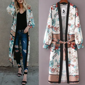 2021 Nové Dlho Kimono Cardigan Dámske Blúzky, Pás Obväz Šatkou Tlačiť Bežné Kimono Cardigan Top Bikini Zakryť Blúzka Plaviek