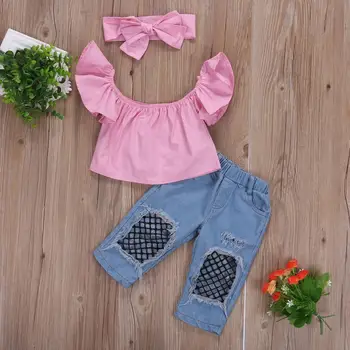 2021 Nové Módne Batoľa Detský Dievča Oblečenie Letné Vypnutie ramenný Ružové tričko Topy+Otvor Čistý Jean Denim Pant hlavový most 3KS Oblečenia