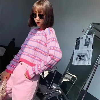 2021 nové ružová fialová krátky pletený sveter žien jeseň/zima list luxusné značky voľné dlhým rukávom pletené top