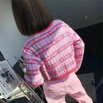 2021 nové ružová fialová krátky pletený sveter žien jeseň/zima list luxusné značky voľné dlhým rukávom pletené top