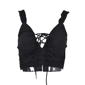 2021 Nové Žien Camisoles Lete Streetwear Sexy Volánikmi Popruh V Krku Obväz Slim Nádrže Čierna Vesta pre Dámy Letné Oblečenie