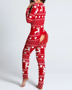 2021 Nový Rok Ženy, Vianočné Výrez Vytlačené Funkčné Buttoned Klapka Dospelých Pyžamo Dlhý Rukáv Jeleň Tlač Jumpsuit Nohavice