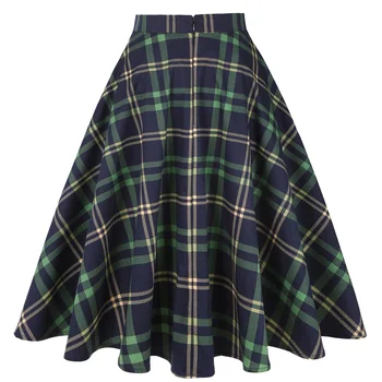 2021 nový zelený kockovaný sukne ženy jupe femme bavlna 50. ročníka swing dlho vysoký pás midi sukne ss0006