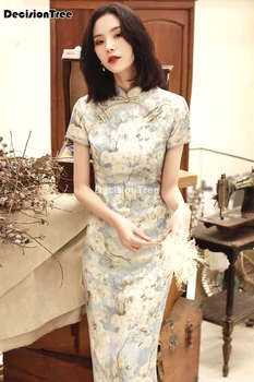 2021 satin qipao lady tradičnej čínskej štýl cheongsam šaty žien mandarin golier qipao šaty vietnamskej ao dai šaty