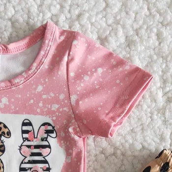 2021 Veľkonočné Pink Baby Dievčatá Nosiť Na Jar Oblečenie Krátky Rukáv Bunny Tričko Zvony Leopard Nohavice Deti Králik Oblečenie Sady