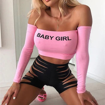 2021 Ženy T-Shirt Ružovú Sexy Dámy List Tlač Dlhé Rukávy Krátke Topy Slim Tesný Strany nočný klub Off-the-Ramenný Oblečenie