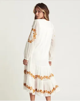 2021 Žien Midi Šaty tvaru Boho Dlhé Šaty Kvetinové Výšivky Biele Šaty Elegantné Vestidos De Fiesta Svietidla Rukáv Voľné Šaty
