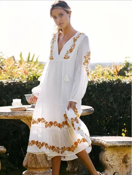 2021 Žien Midi Šaty tvaru Boho Dlhé Šaty Kvetinové Výšivky Biele Šaty Elegantné Vestidos De Fiesta Svietidla Rukáv Voľné Šaty