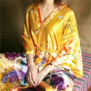 2021 Župan Ženy Satin Bridesmaid, Rúchu Vintage Kimono Vytlačené Kvetinový Župan Domov Župane Žltá Svadobné Šaty #P144