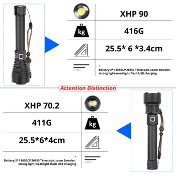 2021Most Silný XHP90.3 Baterka XHP70 USB Nabíjateľná LED Baterka Používať Veľké Kapacity 26650 Batérie Vodotesné Camping Svetlá