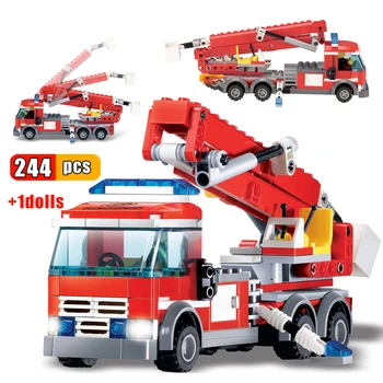 244pcs Požiarne Nákladné Auto Rebrík Truck Model stavebným Tehly City Hasičom Údaje Hračka hasičské Darček pre Deti