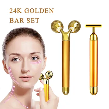 24k Gold Energie Krásy Bar Set 3D Tváre Vibrácií Masér Tváre Masáž Stick Proti Starnutiu Pokožky Utiahnite Navi Znížiť dvojitá Brada