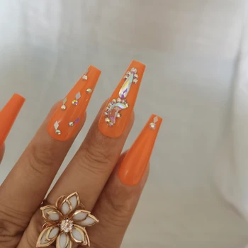 24pcs Luxusné šperky dlho balet rakva technika dekorácie false nechty kryštál diamantu orange