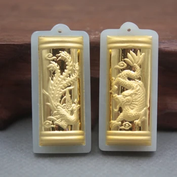 2ks Nové 24K Žlté Zlato Prírodné Jadeit Jadeit Ženy Muži Dragon Phoenix Žehnaj Prívesok 38x17mm