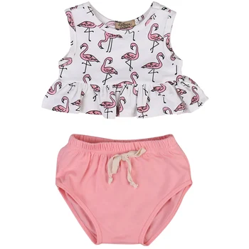 2ks/Set 2017 Roztomilý Novorodenca Baby Girl Šaty bez Rukávov Flamingo Volánikmi T-shirt +Bloomer Dna Outifts Sunsuit