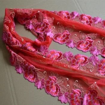 2Yds/veľa 27 cm Široké Červené Gazue Fluorescenčné Rose Zrkadlo Kvetinové Výšivky Vysoko Kvalitnej Čipky Výbava Pre Odevy A Wedding2020080901
