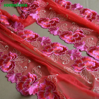 2Yds/veľa 27 cm Široké Červené Gazue Fluorescenčné Rose Zrkadlo Kvetinové Výšivky Vysoko Kvalitnej Čipky Výbava Pre Odevy A Wedding2020080901