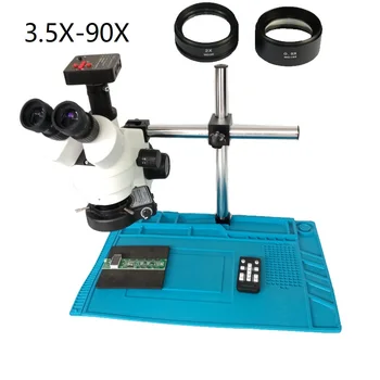 3.5 X 7X 45X 90X Súčasne - Hlavná Trinocular stereo mikroskopom+2K 21MP HDMI Digitálny usb mikroskop kamera +144 Led krúžok svetlá +Mat