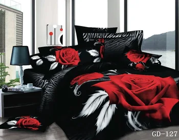 (3-7 kus) Organickej Bavlny čierne a červené rose biele pierko tlač perinu posteľná bielizeň sady King Size posteľ listy Luxus