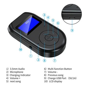 3 in1 Bluetooth 5.0 Vysielač, Prijímač Prenosný Bezdrôtový Audio 3,5 mm Adaptér LCD Displej Pre Telefón, TV, PC, CD MP3/MP4