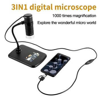 3-v-1 Digitálny Mikroskop Mobilný Telefón 1000X Mikroskop pre USB Typ-C Micro-USB, Digitálny Počítač Mikroskopom Kamery so Stojanom