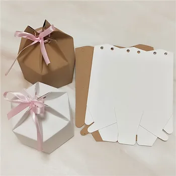 30pcs/veľa kraft papier šesťhranné kartón balenie cukroviniek box darček Šperky box s ružovou stuhou 6.8*9.5 cm