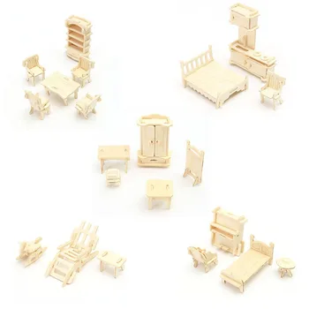 34 Ks/Sada 3D Drevené Miniatúrne Puzzle domček pre bábiky s Nábytkom Model Mini Puzzle, Hračky pre Deti Darček M09